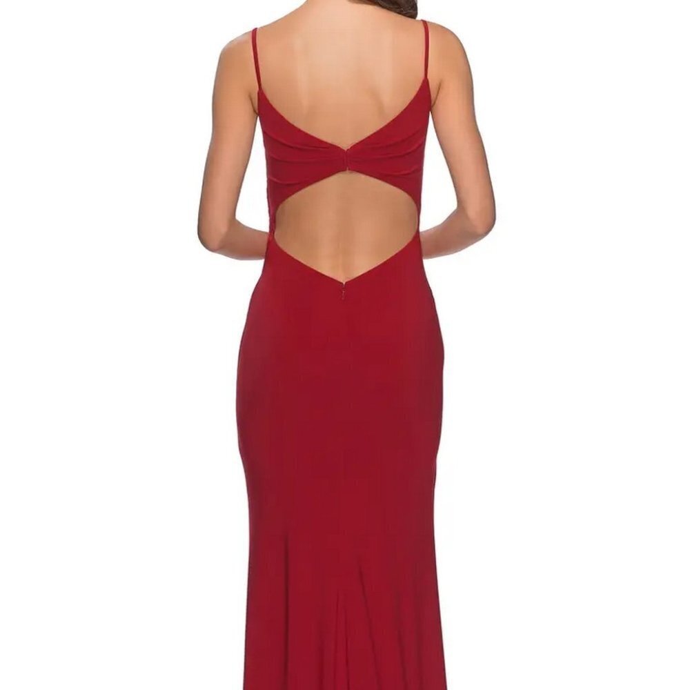 La Femme Deep Red Ruched Cut Out Back Jersey Trumpet Gown